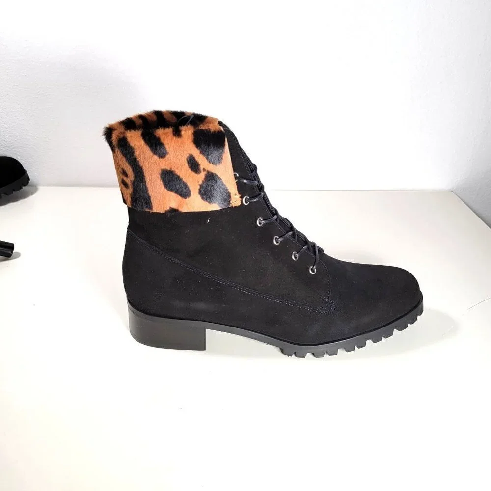 Made In Italy Leopard Animal Print Laced Up Suede Booties Boots Black US 8 EU 38